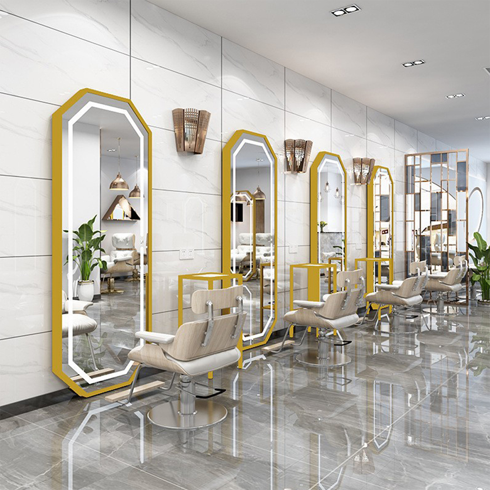 Diseños de espejos de peluquería, espejo de salón Led dorado, espejo de salón y sillas