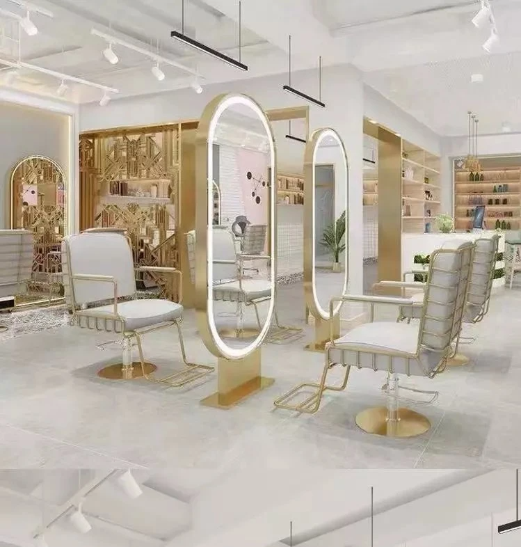Muebles de salón Silla de estilo de color beige Espejo de salón con luz LED Paquete de salón con carrito dorado
