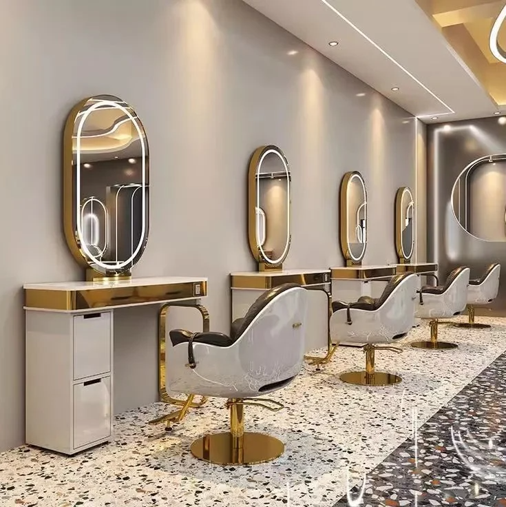 Muebles de salón Silla de estilo de color beige Espejo de salón con luz LED Paquete de salón con carrito dorado