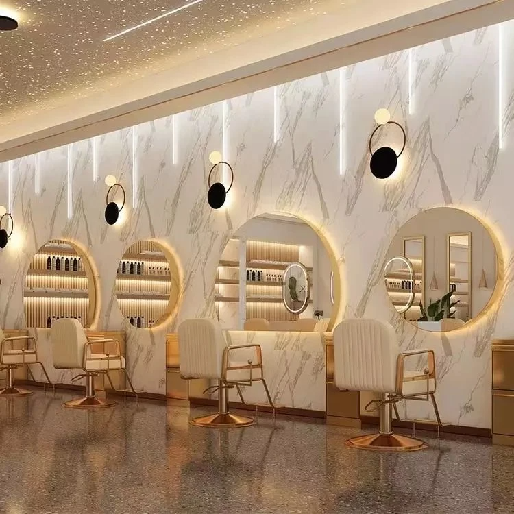 Muebles de salón Silla de estilo de color beige Espejo de salón con luz LED Paquete de salón con carrito dorado