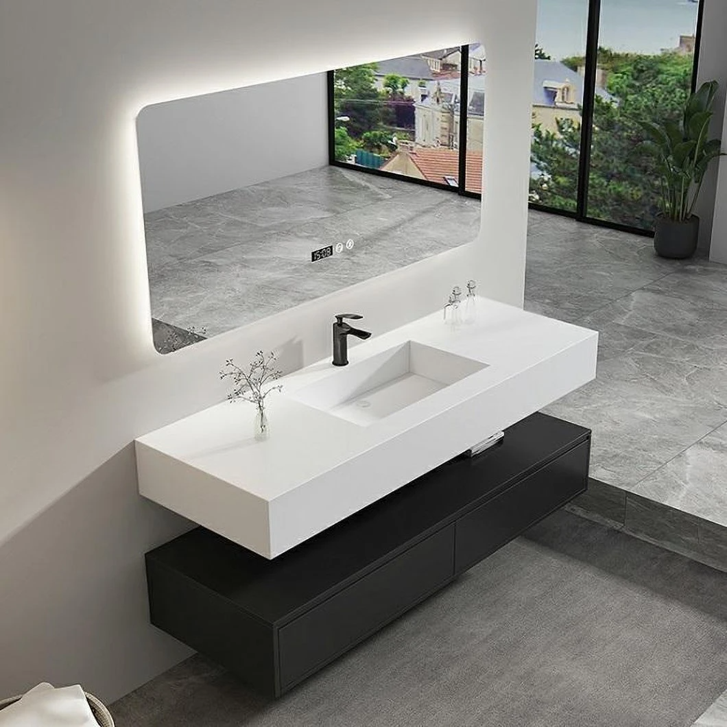 Conjunto de gabinete de baño de mármol con lavabo doble, gabinete de almacenamiento impermeable negro para baño moderno, gabinete de tocador