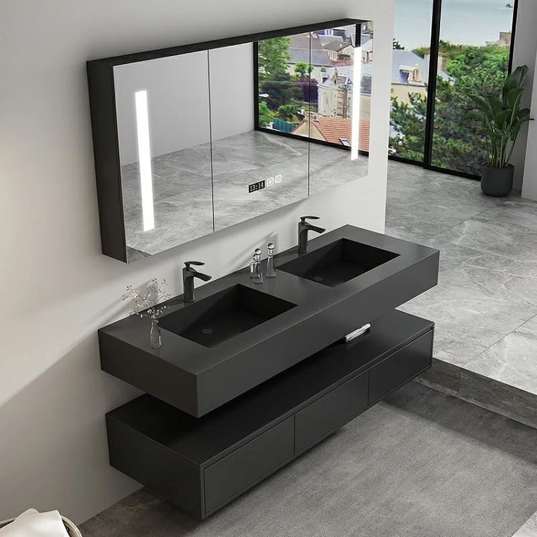Conjunto de gabinete de baño de mármol con lavabo doble, gabinete de almacenamiento impermeable negro para baño moderno, gabinete de tocador