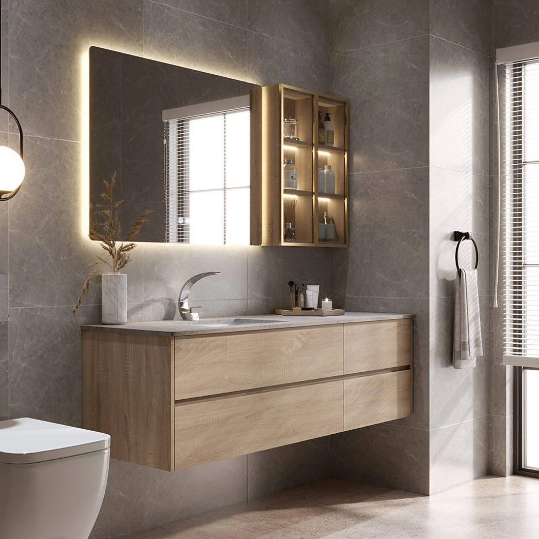 Conjunto de tocador de baño barato personalizado de fábrica, gabinete de baño de madera impermeable LED, gabinete de espejo inteligente con espejo LED