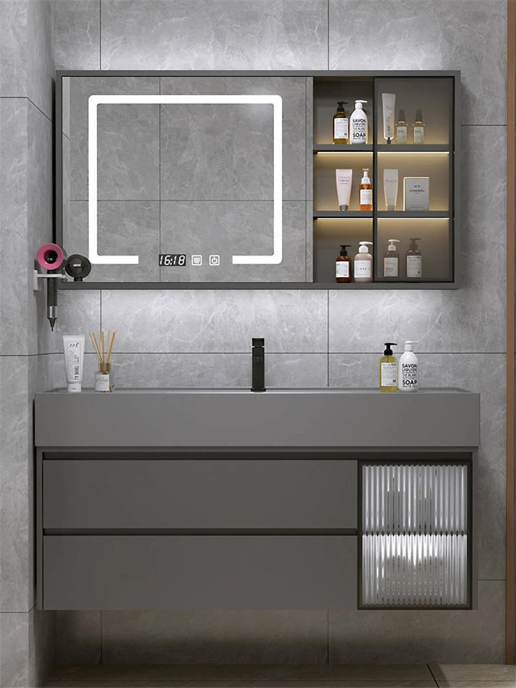 Venta de fábrica, gabinete de medicina de baño impermeable de mármol negro, muebles de baño, lavabo para lavado a mano