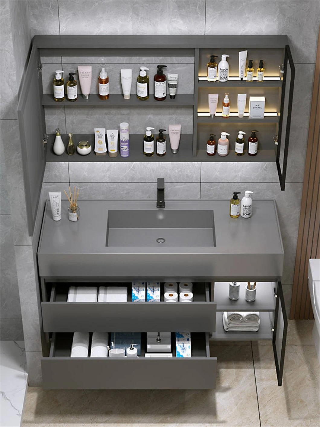 Venta de fábrica, gabinete de medicina de baño impermeable de mármol negro, muebles de baño, lavabo para lavado a mano