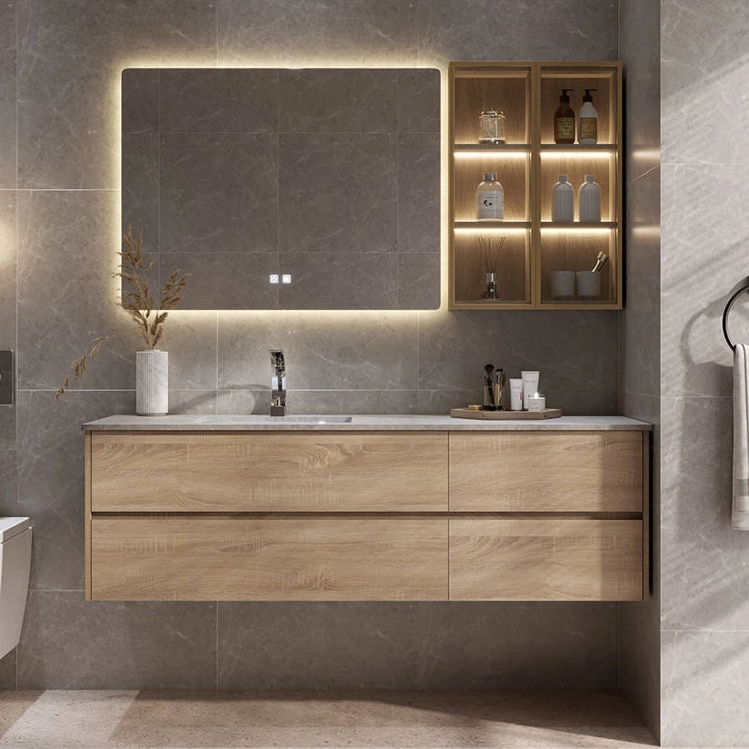 Conjunto de tocador de baño barato personalizado de fábrica, gabinete de baño de madera impermeable LED, gabinete de espejo inteligente con espejo LED