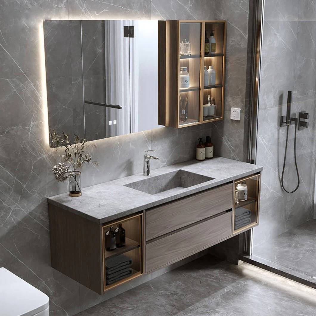Conjunto de tocador de baño barato personalizado de fábrica, gabinete de baño de madera impermeable LED, gabinete de espejo inteligente con espejo LED