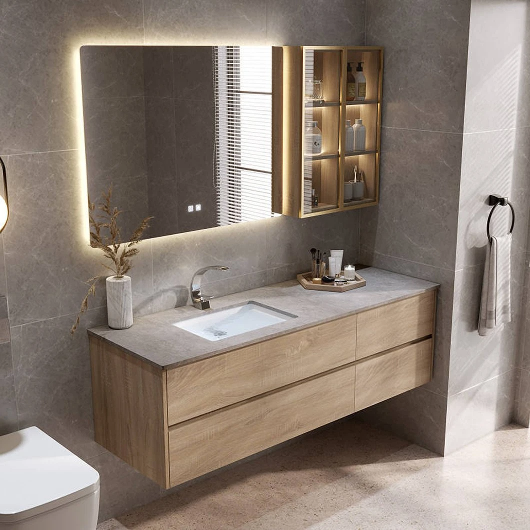 Conjunto de tocador de baño barato personalizado de fábrica, gabinete de baño de madera impermeable LED, gabinete de espejo inteligente con espejo LED