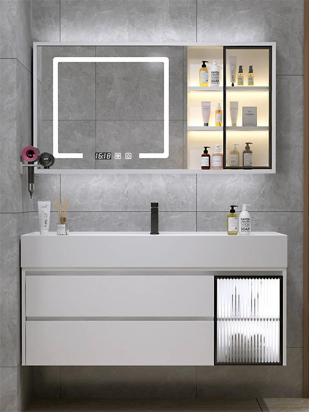 Venta de fábrica, gabinete de medicina de baño impermeable de mármol negro, muebles de baño, lavabo para lavado a mano