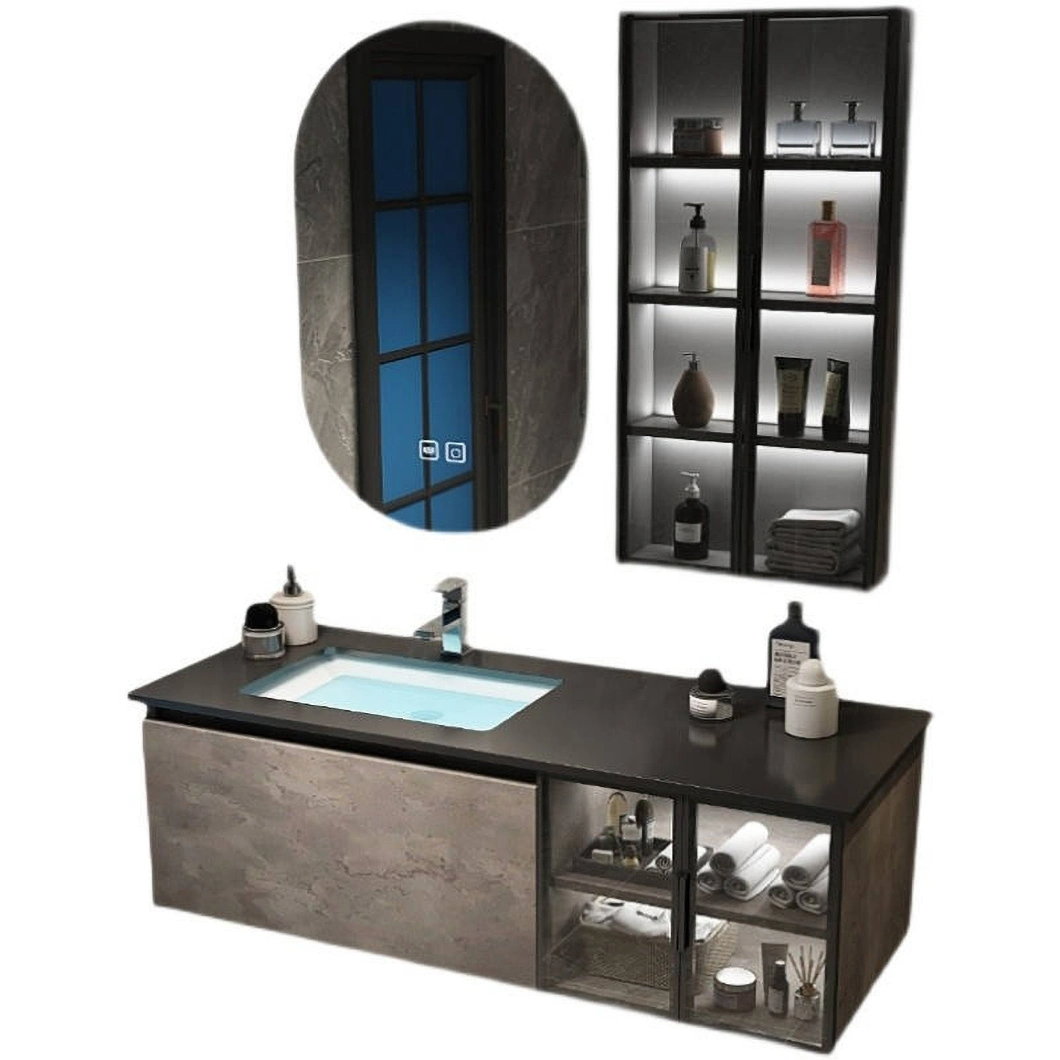 Gabinete de almacenamiento impermeable de piedra de esquina de alta calidad, gabinete de lavabo de vidrio para baño con gabinete de espejo inteligente