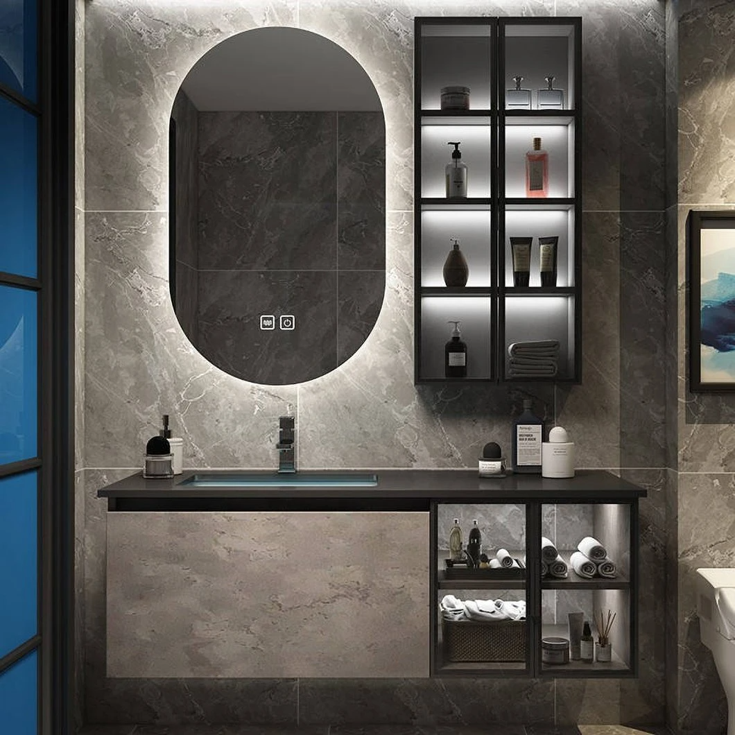 Gabinete de almacenamiento impermeable de piedra de esquina de alta calidad, gabinete de lavabo de vidrio para baño con gabinete de espejo inteligente