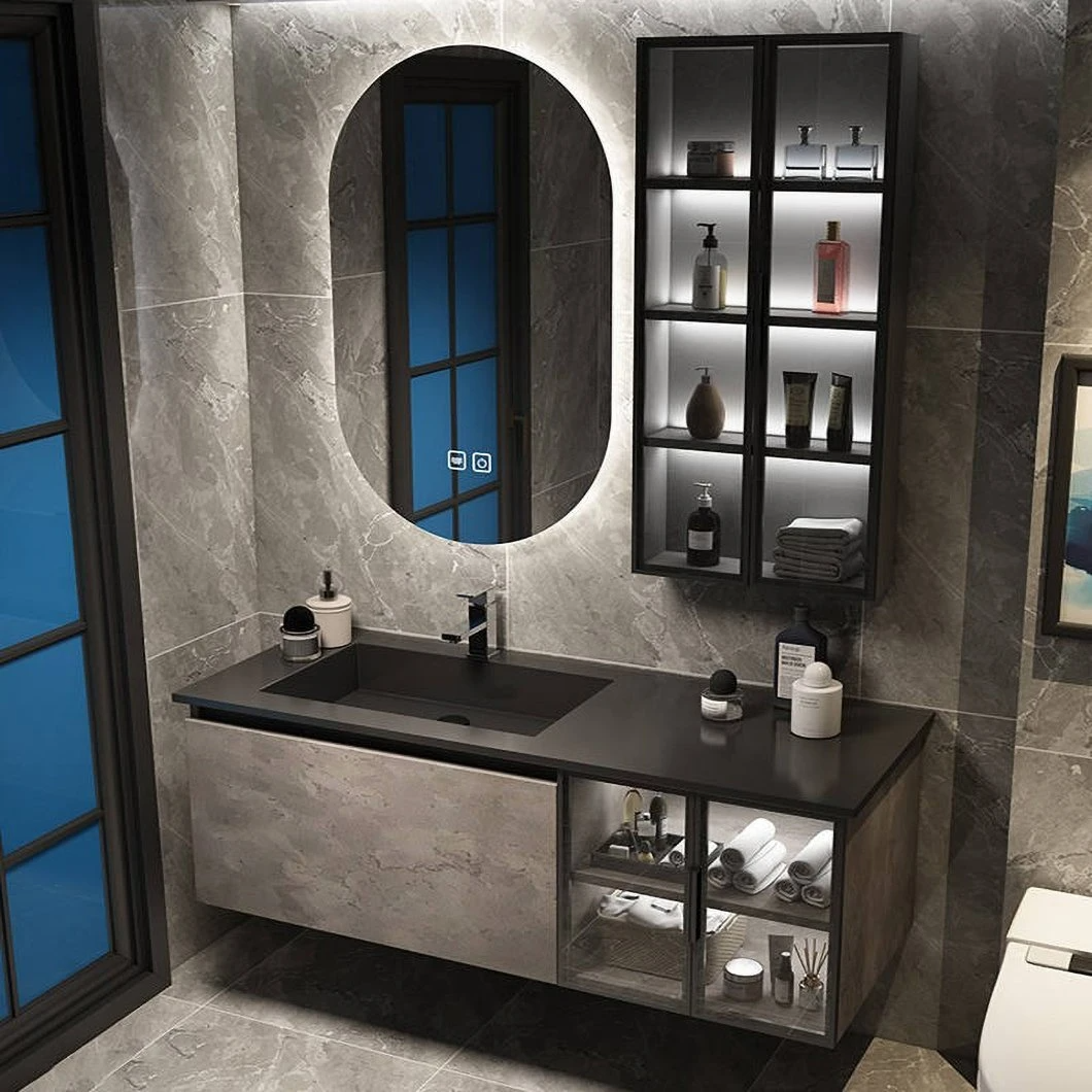 Gabinete de almacenamiento impermeable de piedra de esquina de alta calidad, gabinete de lavabo de vidrio para baño con gabinete de espejo inteligente