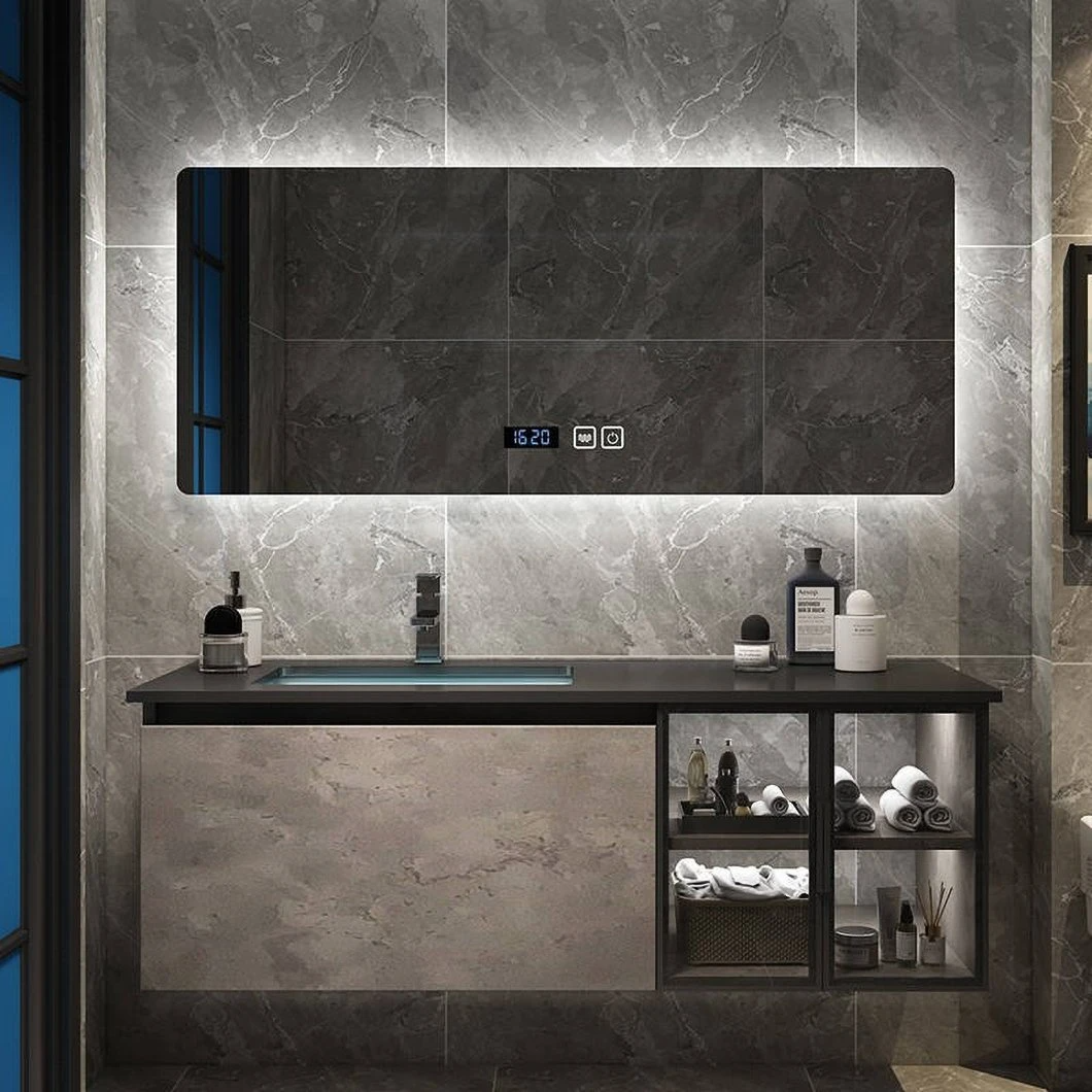 Gabinete de almacenamiento impermeable de piedra de esquina de alta calidad, gabinete de lavabo de vidrio para baño con gabinete de espejo inteligente