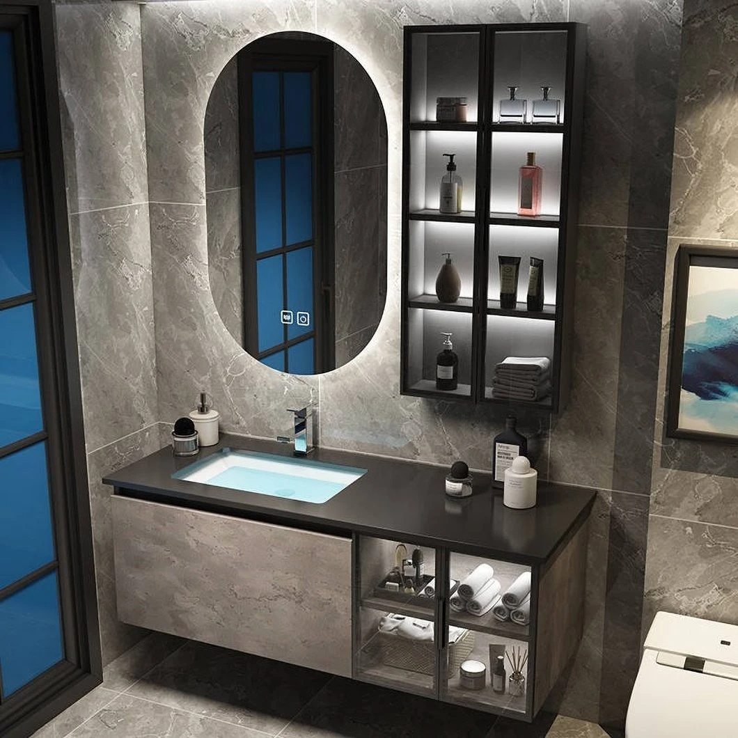 Gabinete de almacenamiento impermeable de piedra de esquina de alta calidad, gabinete de lavabo de vidrio para baño con gabinete de espejo inteligente