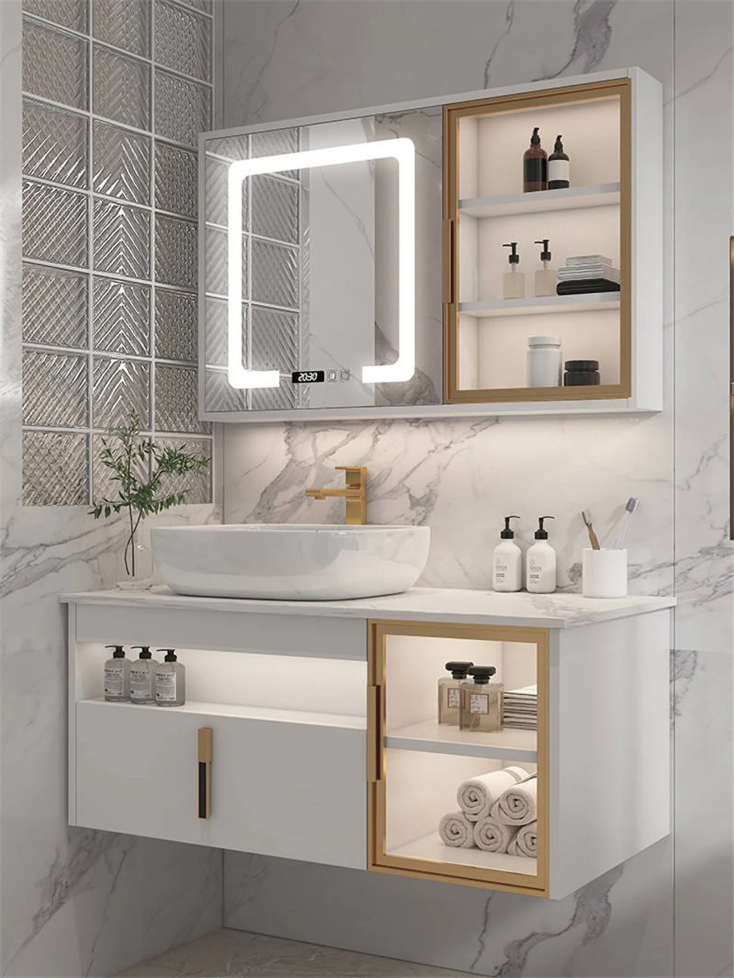 Gabinete de baño de madera impermeable de la vanidad del lavabo doble del cuarto de baño moderno del hotel con el gabinete elegante del espejo