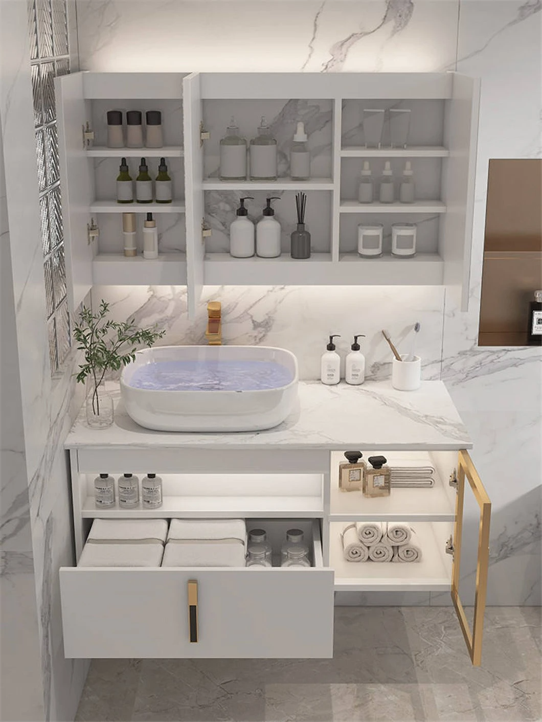 Gabinete de baño de madera impermeable de la vanidad del lavabo doble del cuarto de baño moderno del hotel con el gabinete elegante del espejo