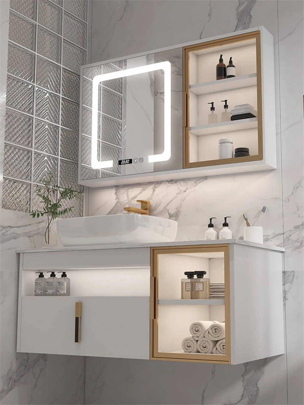 Gabinete de baño de madera impermeable de la vanidad del lavabo doble del cuarto de baño moderno del hotel con el gabinete elegante del espejo
