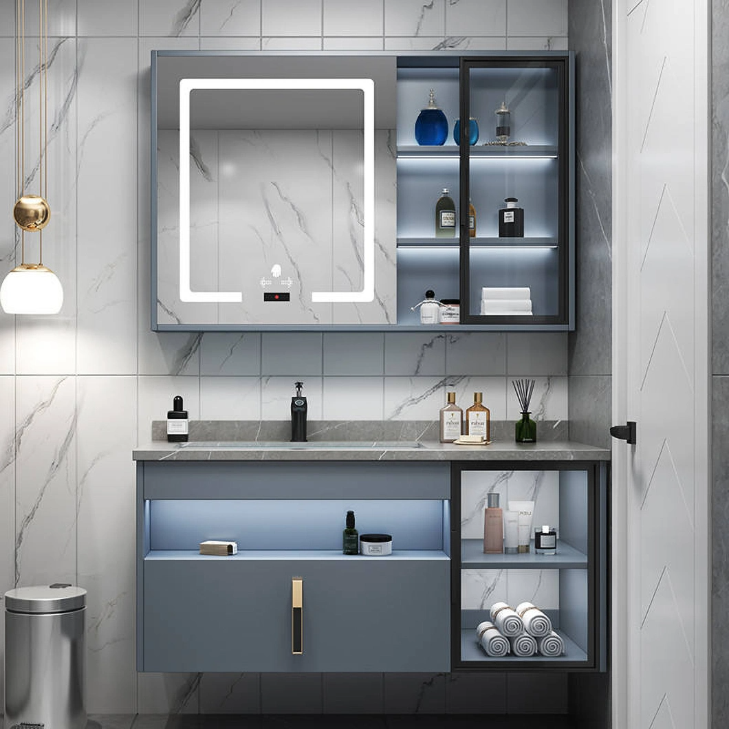Gabinete de baño de madera impermeable de la vanidad del lavabo doble del cuarto de baño moderno del hotel con el gabinete elegante del espejo