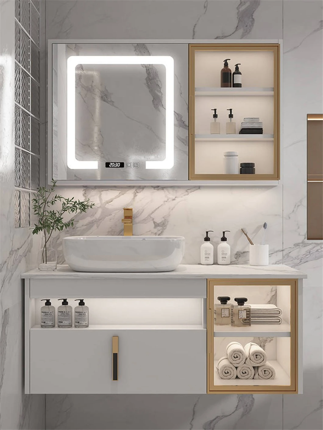 Gabinete de baño de madera impermeable de la vanidad del lavabo doble del cuarto de baño moderno del hotel con el gabinete elegante del espejo
