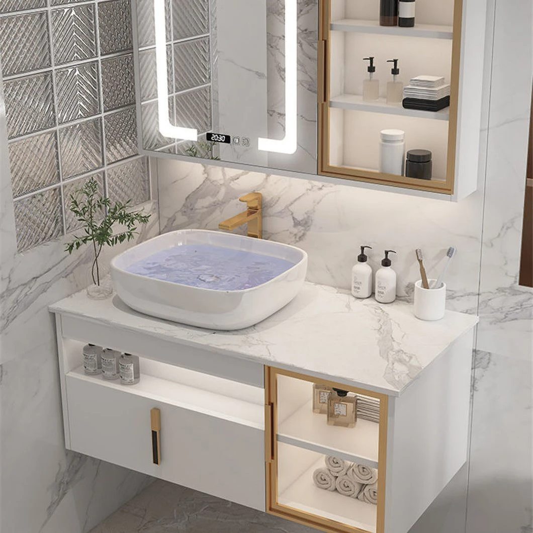 Gabinete de baño de madera impermeable de la vanidad del lavabo doble del cuarto de baño moderno del hotel con el gabinete elegante del espejo