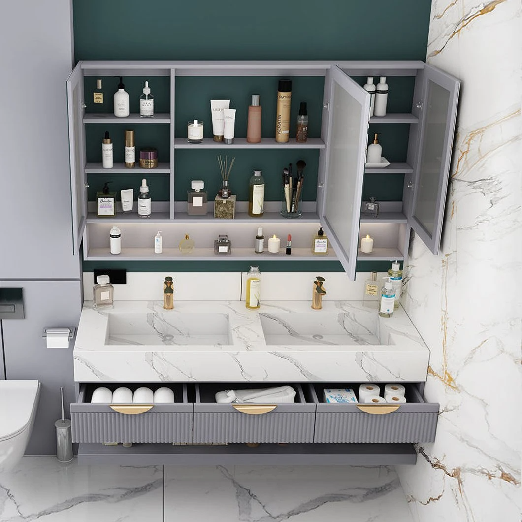 Mueble de baño de mármol de lujo con lavabo doble, mueble de baño de aluminio con mueble con espejo