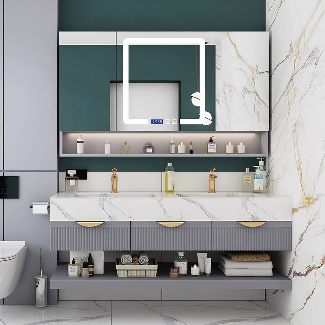 Mueble de baño de mármol de lujo con lavabo doble, mueble de baño de aluminio con mueble con espejo
