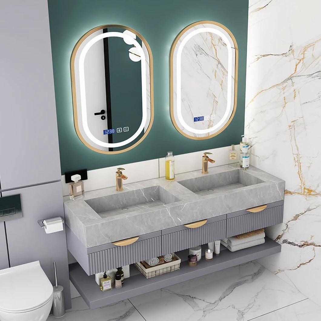 Mueble de baño de mármol de lujo con lavabo doble, mueble de baño de aluminio con mueble con espejo