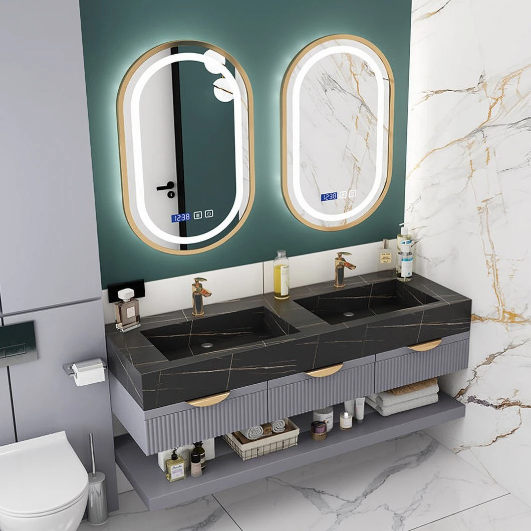 Mueble de baño de mármol de lujo con lavabo doble, mueble de baño de aluminio con mueble con espejo