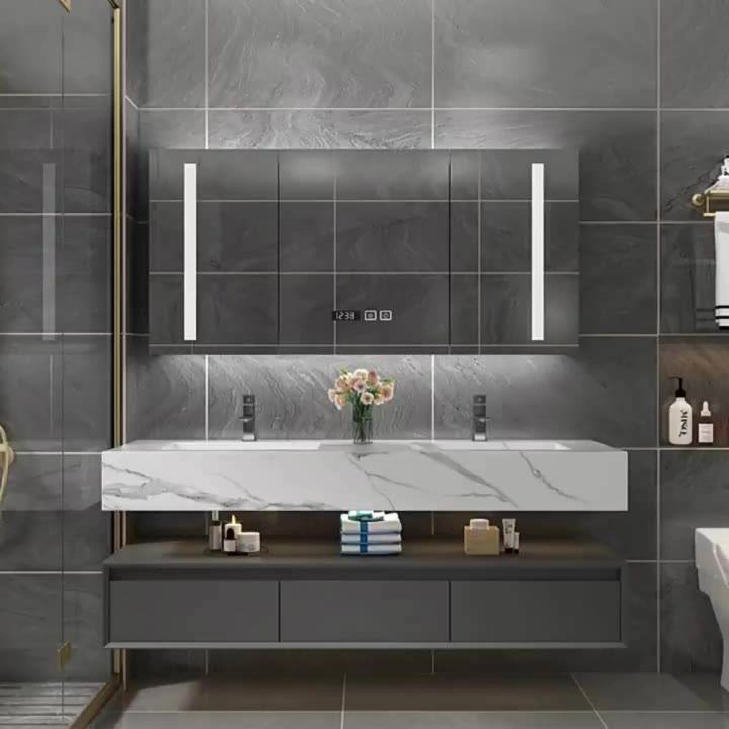 Mueble de baño de mármol de lujo con lavabo doble, mueble de baño de aluminio con mueble con espejo