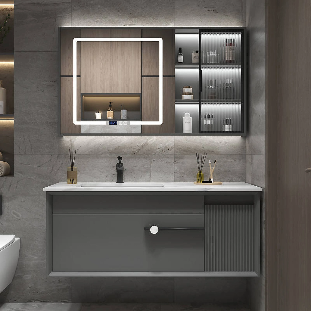Juego de tocador de lujo moderno con gabinete de baño de madera dura negra brillante con espejo LED