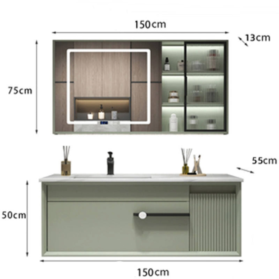Juego de tocador de lujo moderno con gabinete de baño de madera dura negra brillante con espejo LED