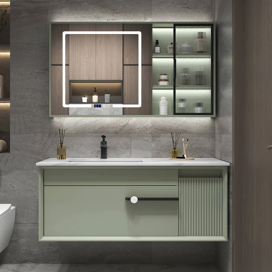 Juego de tocador de lujo moderno con gabinete de baño de madera dura negra brillante con espejo LED