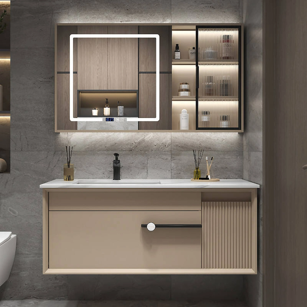 Juego de tocador de lujo moderno con gabinete de baño de madera dura negra brillante con espejo LED
