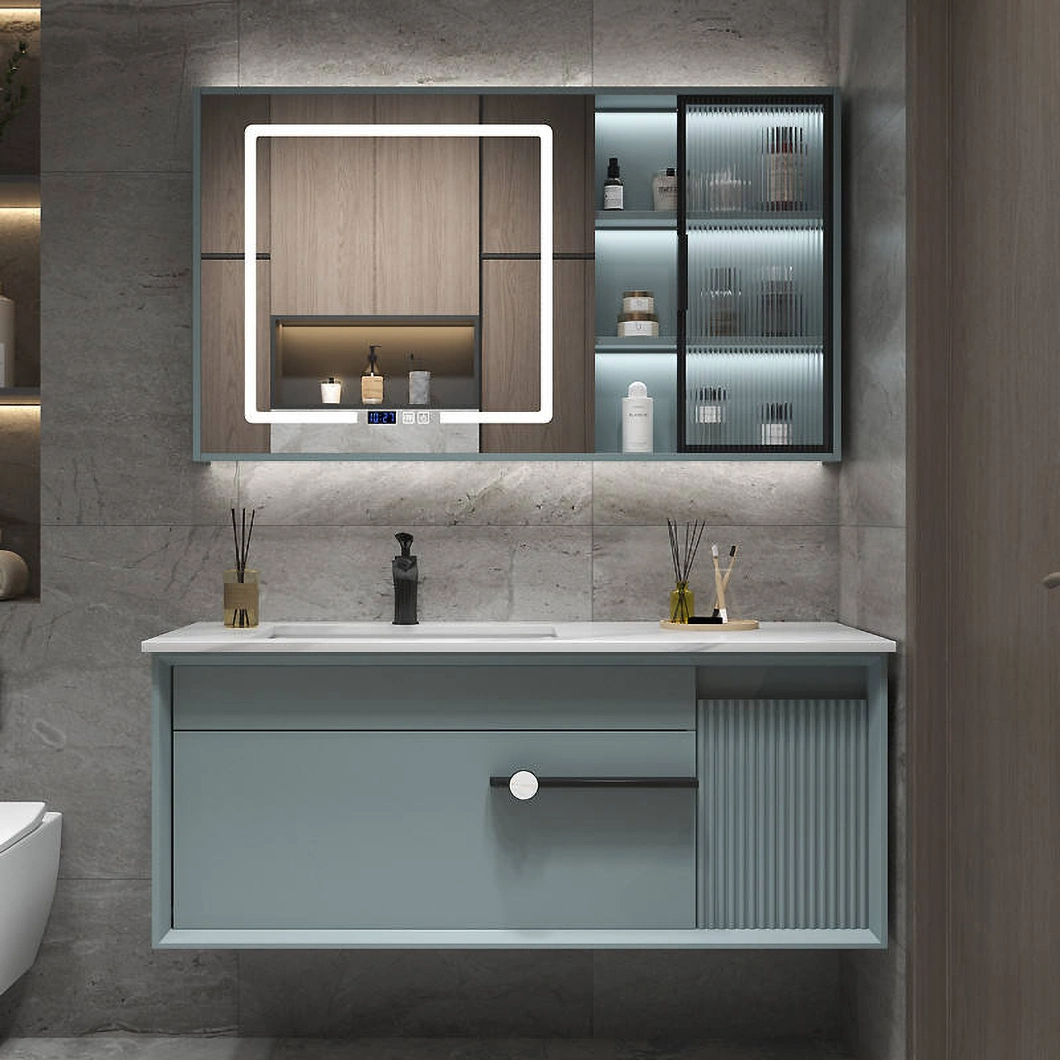 Juego de tocador de lujo moderno con gabinete de baño de madera dura negra brillante con espejo LED