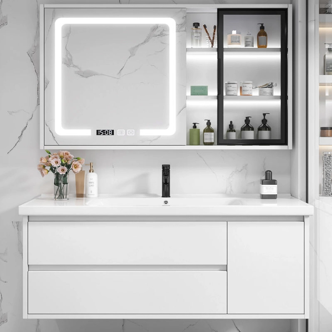 Gabinete de medicina impermeable montado en la pared blanco moderno gabinete de baño de roble con gabinete de espejo