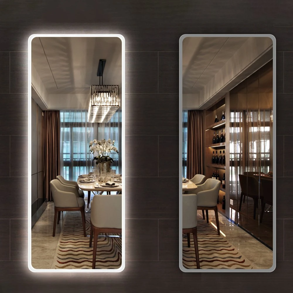 Luz montada en la pared de longitud completa, desempañador rectangular inteligente, espejos de salón LED para el cabello