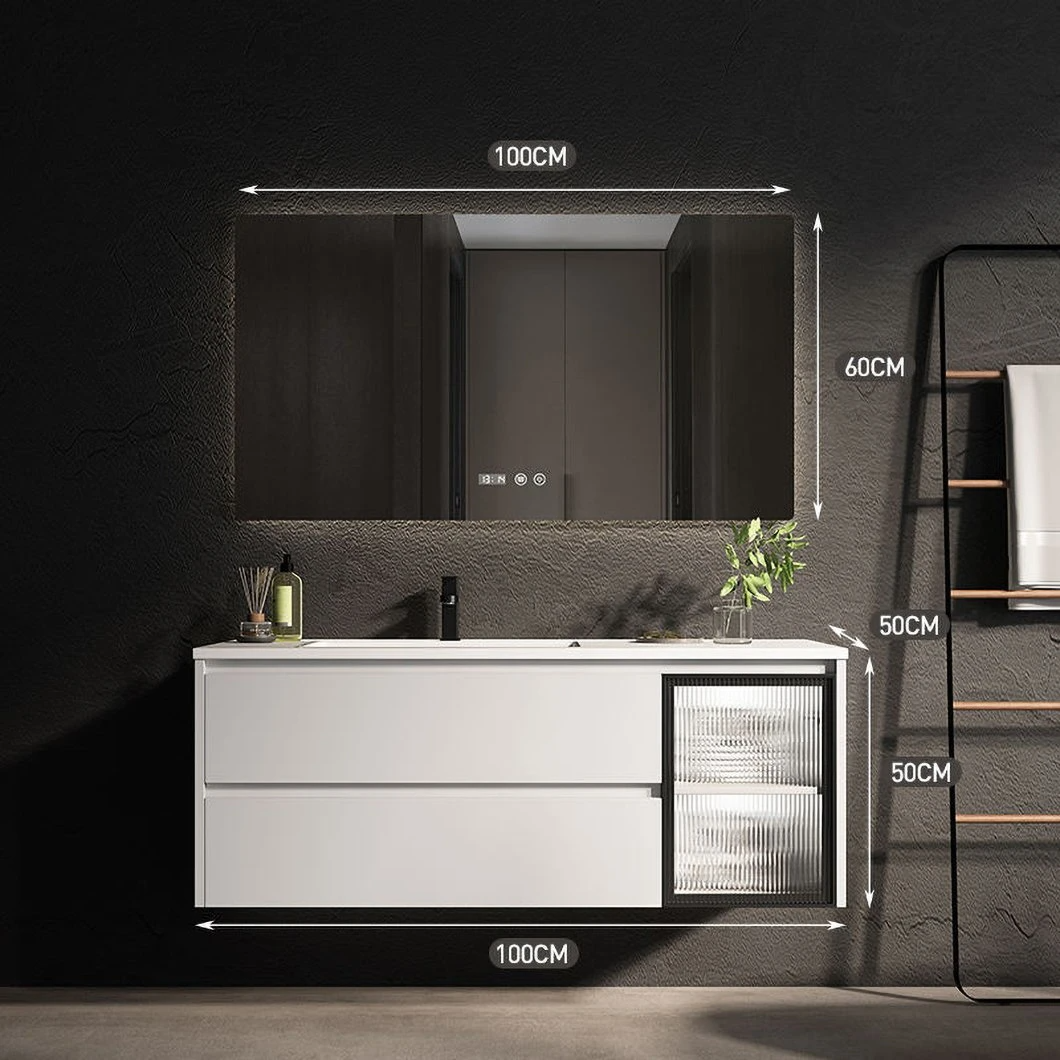 Lavabo de baño con combinación nórdica moderna OEM, iluminación de espejo inteligente, lavabo minimalista de madera, mueble de baño