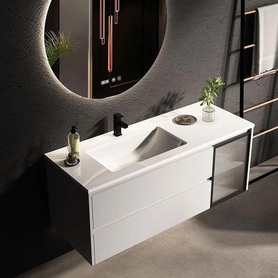 Lavabo de baño con combinación nórdica moderna OEM, iluminación de espejo inteligente, lavabo minimalista de madera, mueble de baño