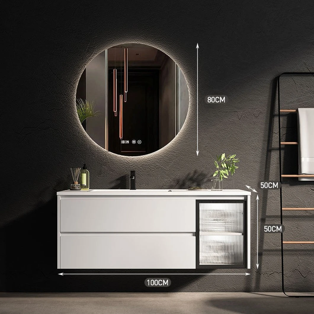 Lavabo de baño con combinación nórdica moderna OEM, iluminación de espejo inteligente, lavabo minimalista de madera, mueble de baño