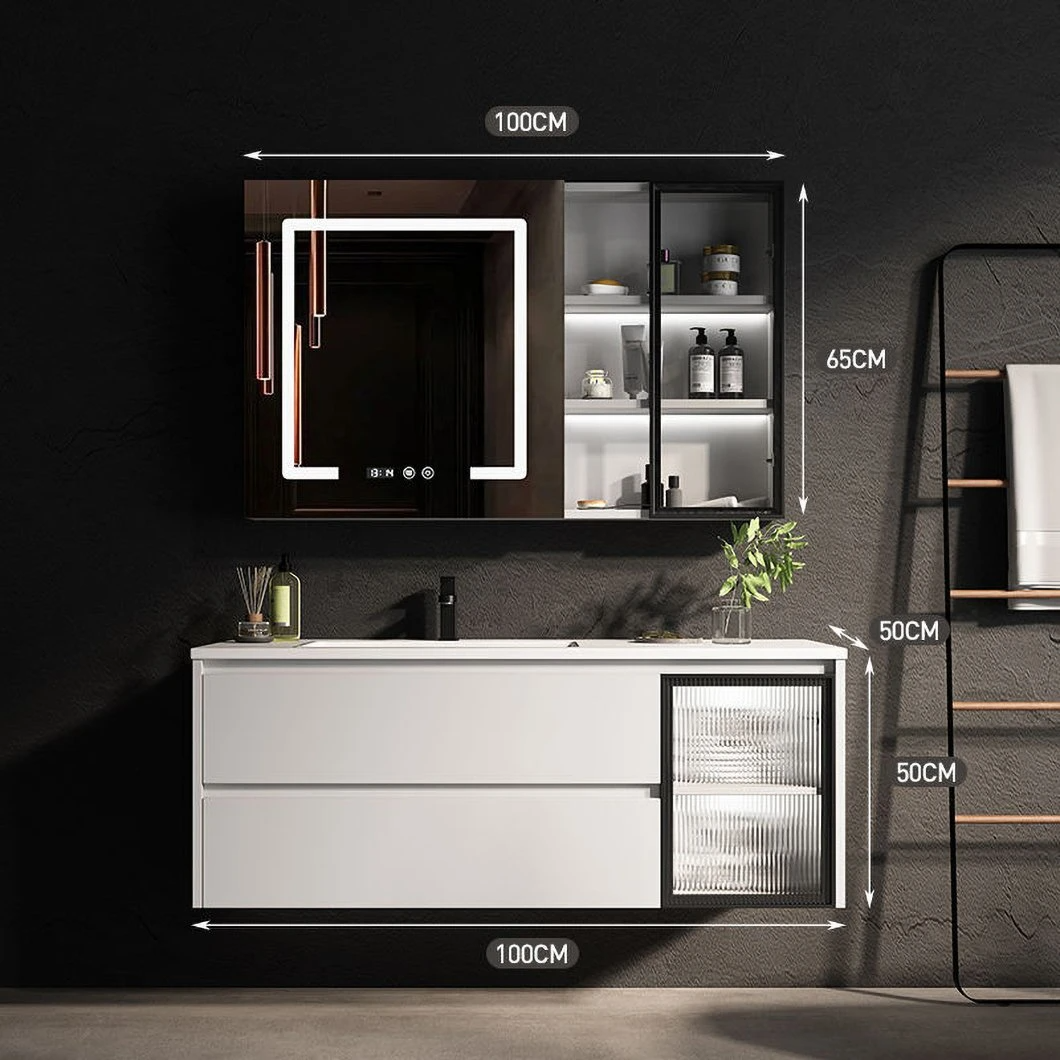 Lavabo de baño con combinación nórdica moderna OEM, iluminación de espejo inteligente, lavabo minimalista de madera, mueble de baño