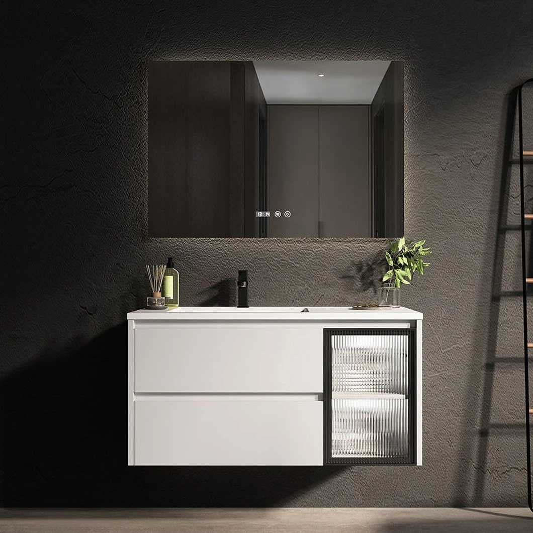 Lavabo de baño con combinación nórdica moderna OEM, iluminación de espejo inteligente, lavabo minimalista de madera, mueble de baño