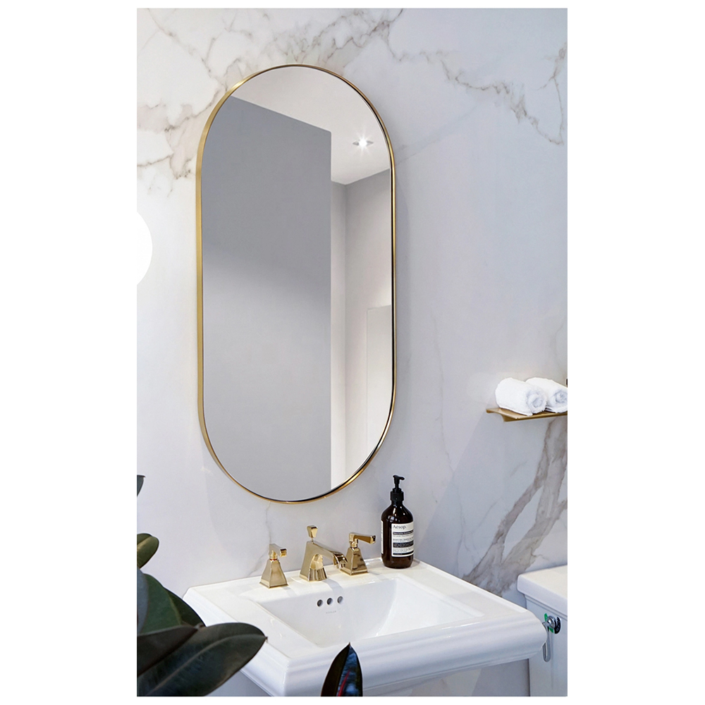 Espejo de vanidad montado en la pared de baño ovalado de vidrio de maquillaje de un solo lado de metal personalizado