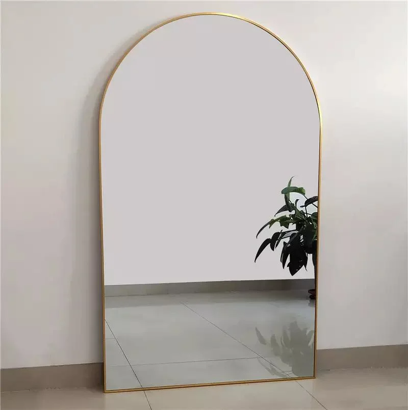 Espejo de pared de piso de pie de cuerpo largo dorado con marco de metal de arco grande al por mayor personalizado