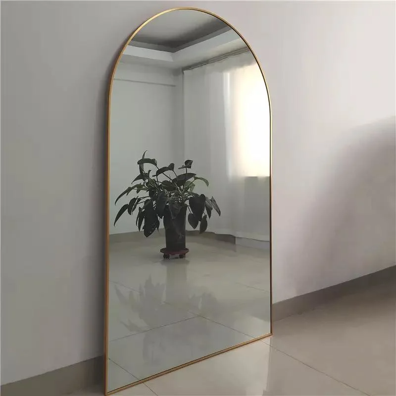 Espejo de pared de piso de pie de cuerpo largo dorado con marco de metal de arco grande al por mayor personalizado