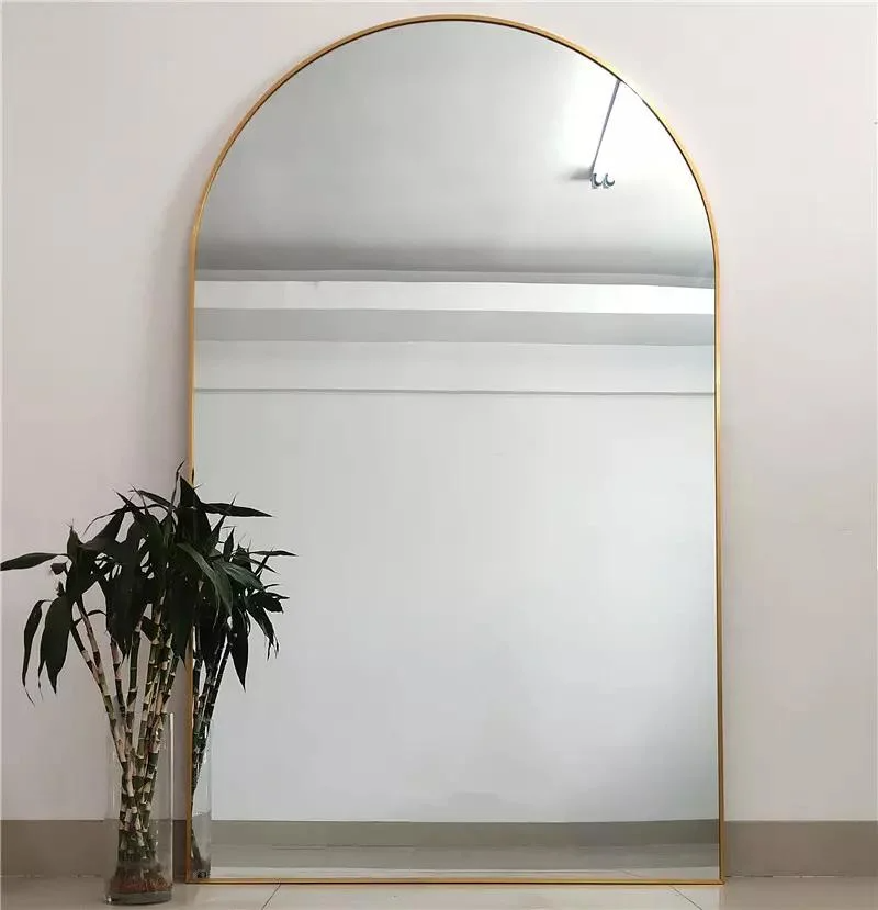 Espejo de pared de piso de pie de cuerpo largo dorado con marco de metal de arco grande al por mayor personalizado
