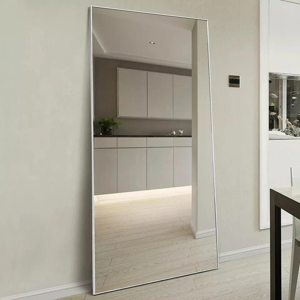 Espejos de pared grandes a prueba de explosiones Dormitorio de longitud completa Soporte de piso con marco de aluminio Espejo dorado