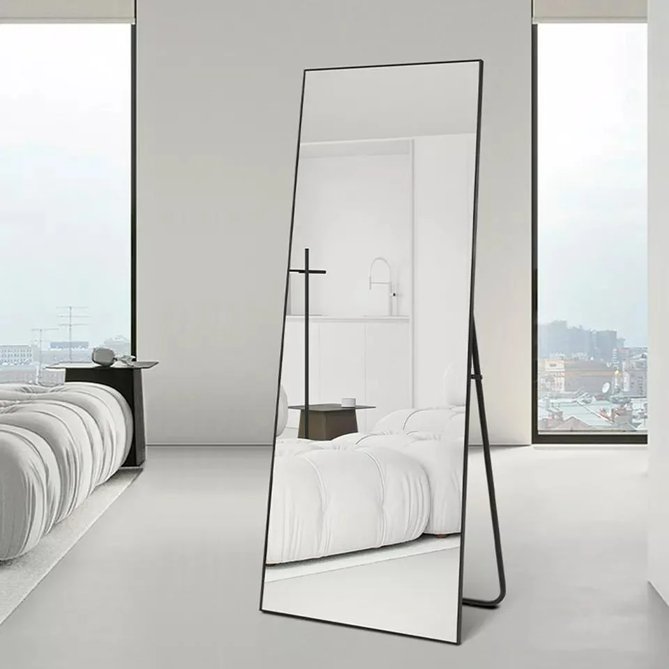 Espejos de pared grandes a prueba de explosiones Dormitorio de longitud completa Soporte de piso con marco de aluminio Espejo dorado