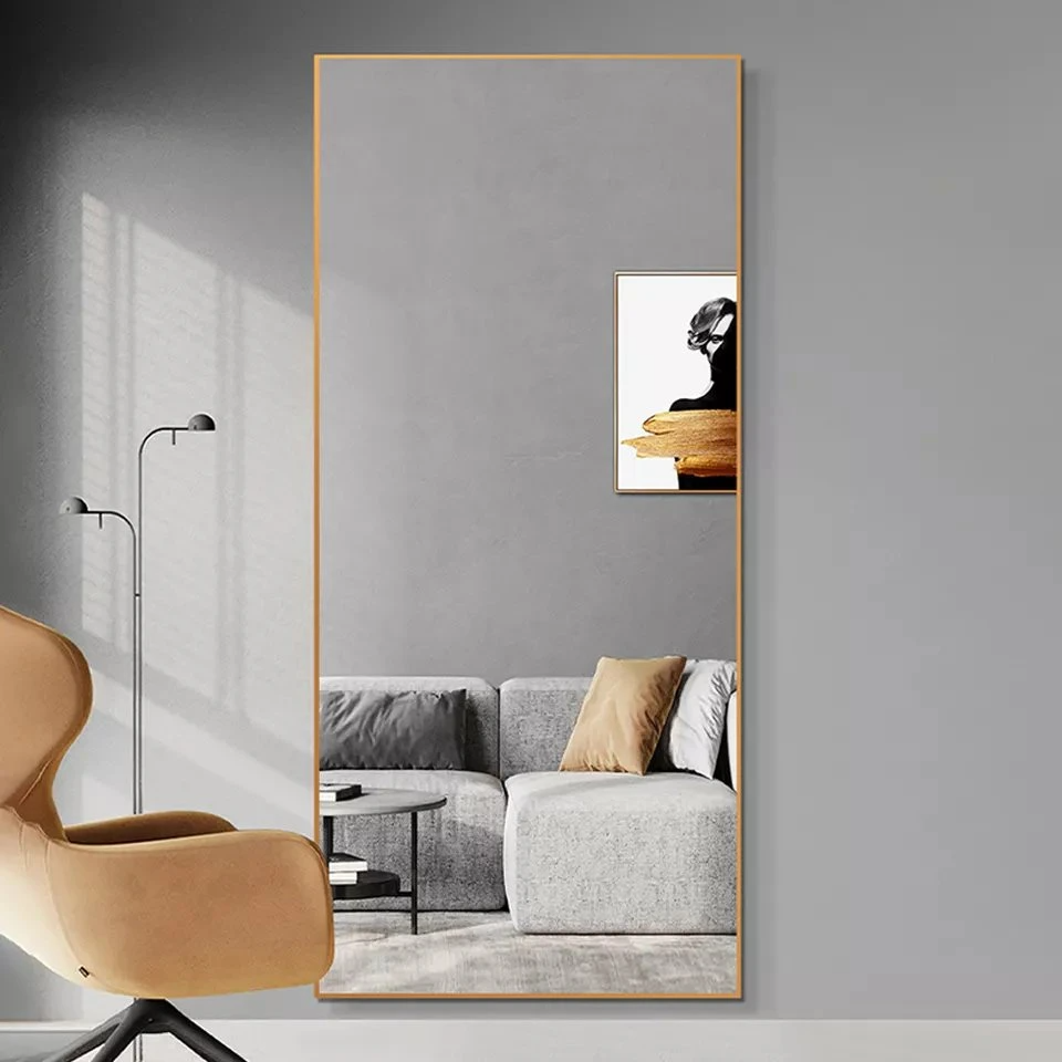 Espejos de pared grandes a prueba de explosiones Dormitorio de longitud completa Soporte de piso con marco de aluminio Espejo dorado