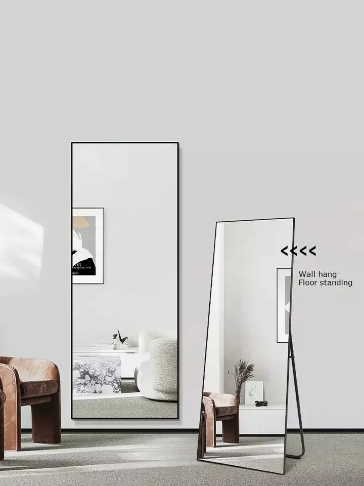 Espejos de pared grandes a prueba de explosiones Dormitorio de longitud completa Soporte de piso con marco de aluminio Espejo dorado