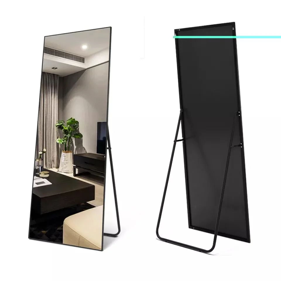 Espejos de pared grandes a prueba de explosiones Dormitorio de longitud completa Soporte de piso con marco de aluminio Espejo dorado